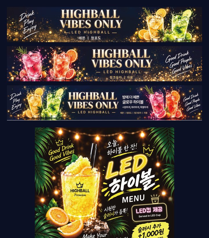 하이볼 매장 가로 현수막 3종 · LED 입간판 메뉴판 미리보기