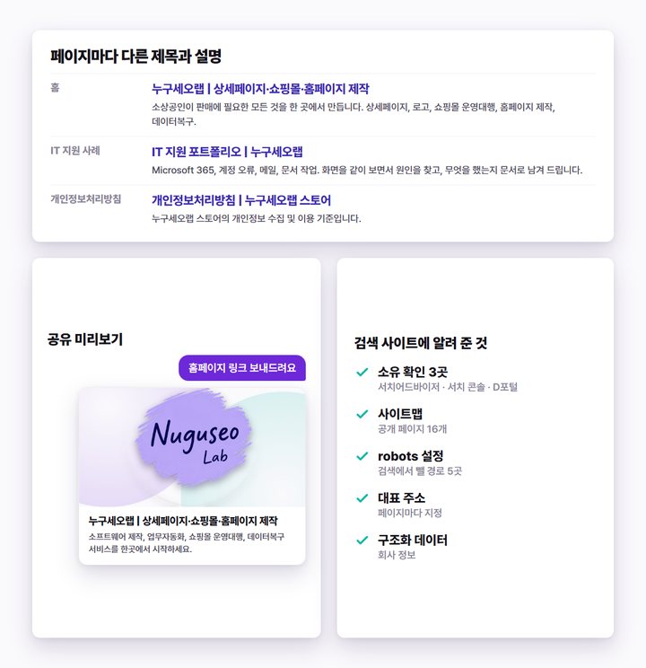 자사 홈페이지 검색 노출 기본 설정 · 검색 등록 · 사이트맵 · 대표 주소